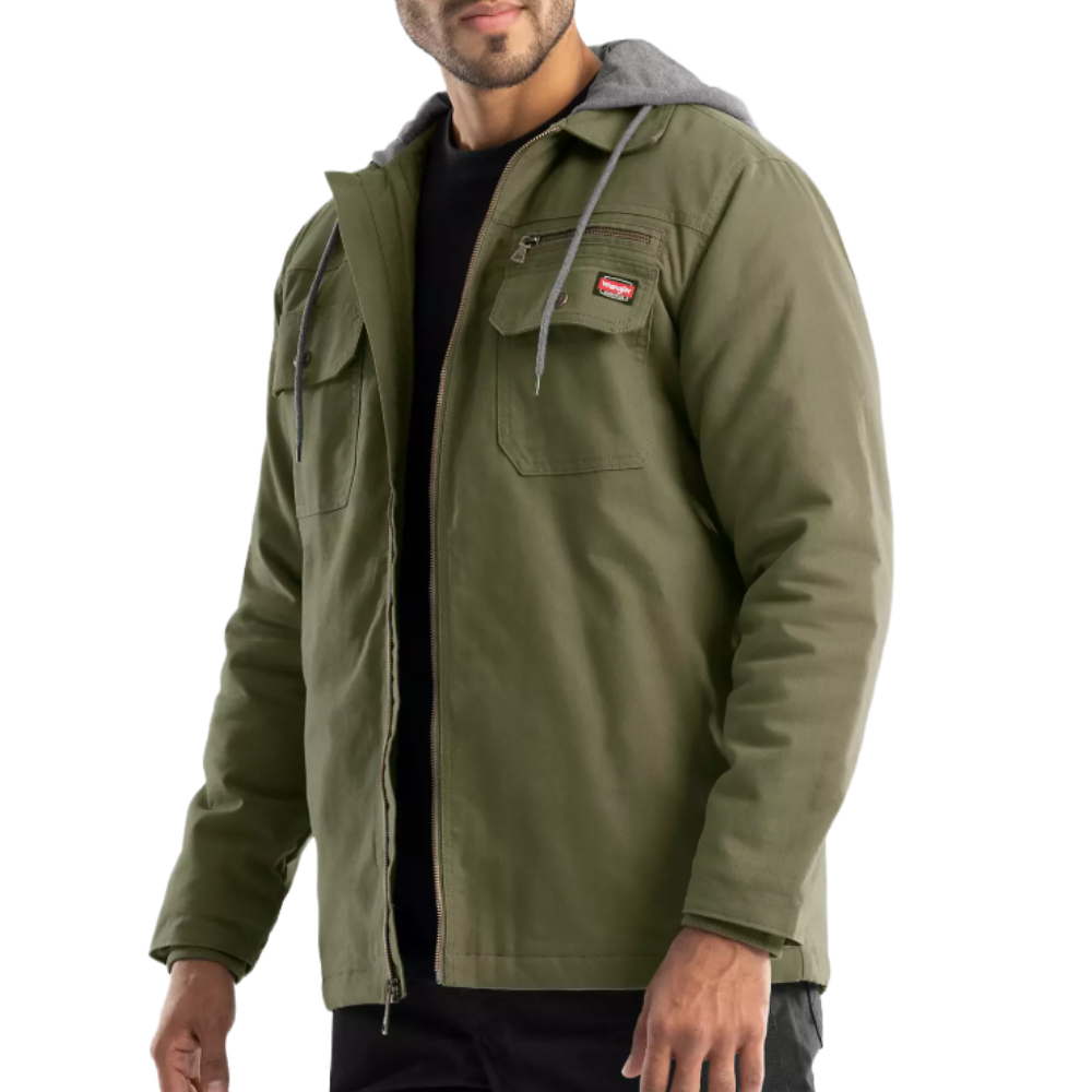Olive green jacket with a hood and zip closure, featuring two chest pockets and a small logo patch.