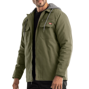 Olive green jacket with a hood and zip closure, featuring two chest pockets and a small logo patch.