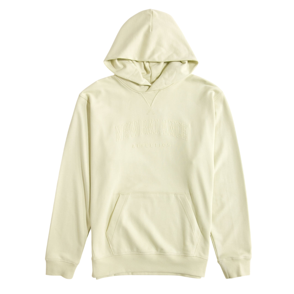 A light yellow New Balance Athletics hoodie with a front pocket and embroidered logo on the chest.