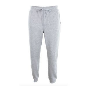 Light gray sweatpants with a drawstring waist and tapered ankles.