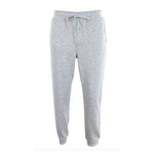 Light gray sweatpants with a drawstring waist and tapered ankles.
