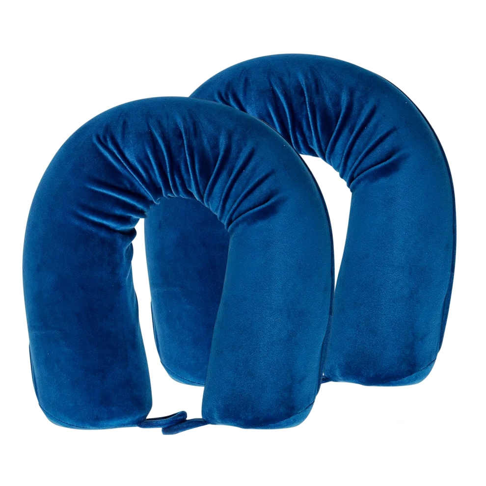 Two blue U-shaped travel pillows with a soft, plush fabric and gathered detailing on the inner curve for added comfort.