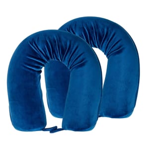 Two blue U-shaped travel pillows with a soft, plush fabric and gathered detailing on the inner curve for added comfort.