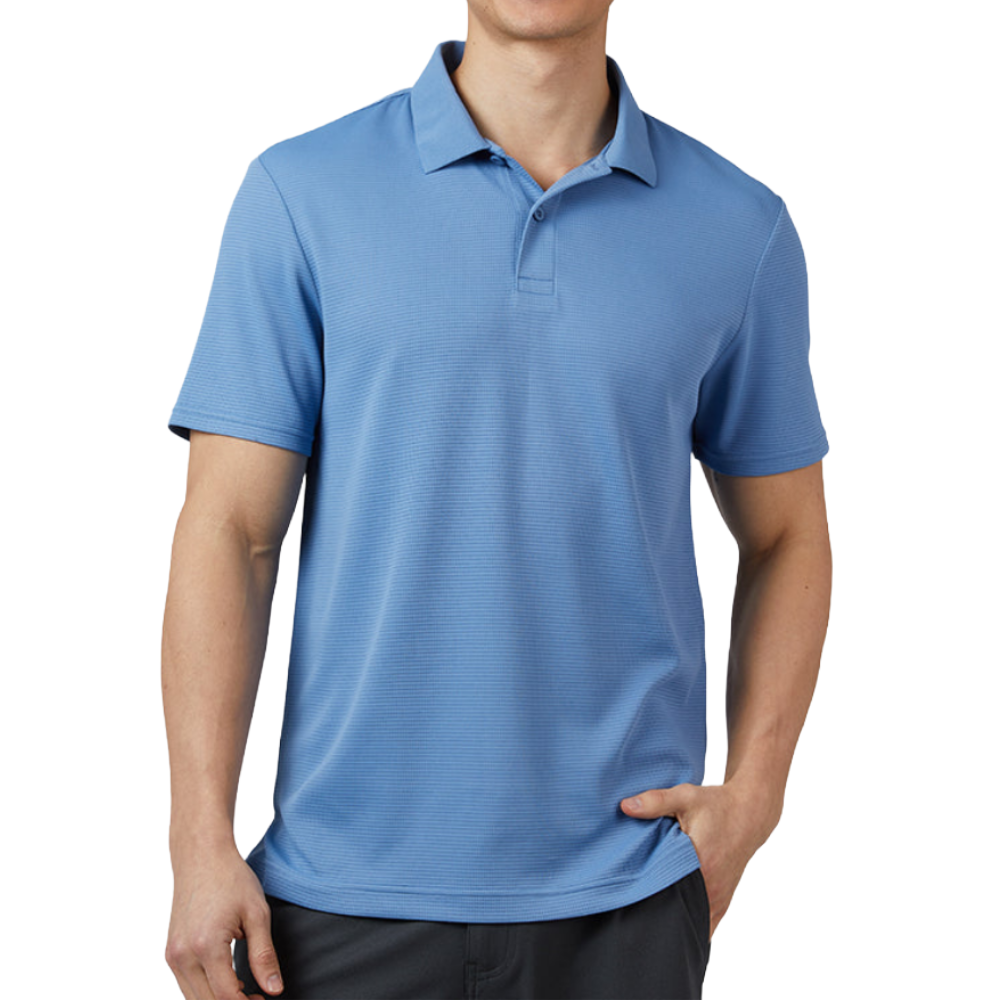 A man wears a light blue short-sleeve polo shirt paired with dark pants.
