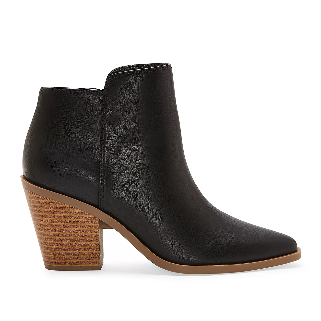 Black leather ankle boots with a pointed toe and a stacked wood-like heel, featuring a side zipper closure.