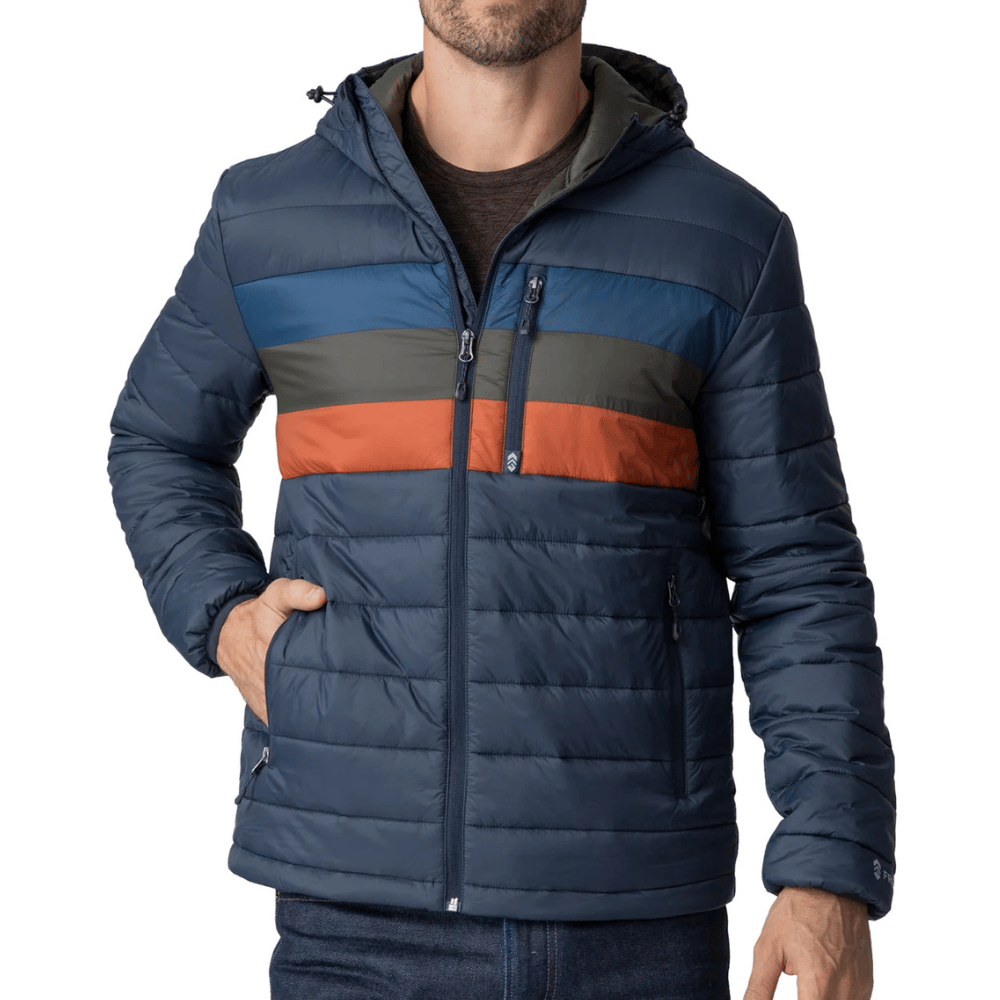 A man wears a hooded, quilted jacket with horizontal stripes in blue, green, and orange.