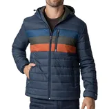 A man wears a hooded, quilted jacket with horizontal stripes in blue, green, and orange.