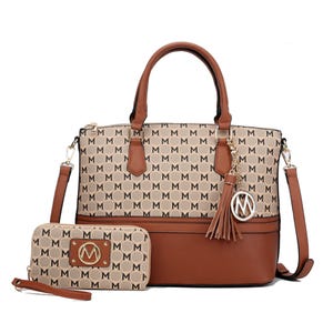 A tan and brown handbag with \“M\“ patterns and a matching wallet set, featuring a detachable shoulder strap, leather handles, gold-tone hardware, and a tassel charm.