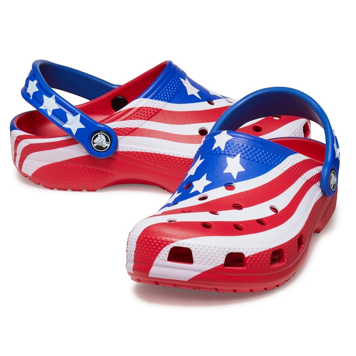 Red, white, and blue Crocs with stars and stripes resembling a patriotic theme.