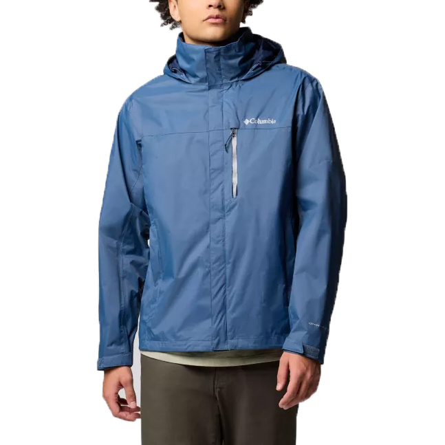 The Columbia Pouration II Jacket is a blue waterproof shell with a front zipper and a hood. It features the Columbia logo on the chest and a vertical chest pocket zipper.