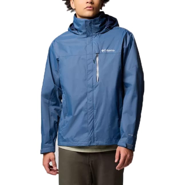 The Columbia Pouration II Jacket is a blue waterproof shell with a front zipper and a hood. It features the Columbia logo on the chest and a vertical chest pocket zipper.