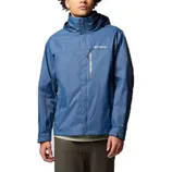 The Columbia Pouration II Jacket is a blue waterproof shell with a front zipper and a hood. It features the Columbia logo on the chest and a vertical chest pocket zipper.