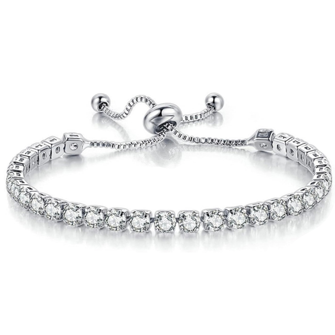 A silver adjustable bracelet with a chain and a row of round, sparkling stones, likely designed with a sliding clasp for easy sizing.