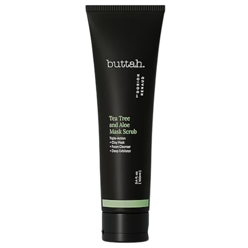 Buttah Tea Tree and Aloe Mask Scrub, by Dorion Renaud, is a triple-action product that serves as a clay mask, foam cleanser, and deep exfoliator. It comes in a 3.4 oz tube.