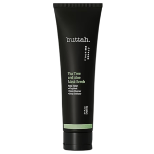 Buttah Tea Tree and Aloe Mask Scrub, by Dorion Renaud, is a triple-action product that serves as a clay mask, foam cleanser, and deep exfoliator. It comes in a 3.4 oz tube.