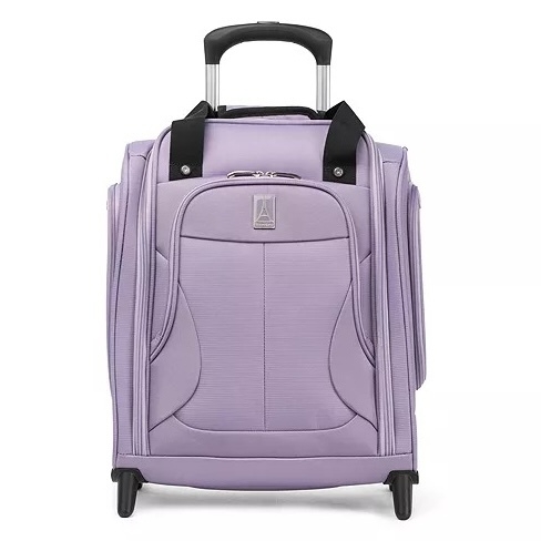 A purple rolling carry-on suitcase with a retractable handle, two wheels, and side zippers for expansion or extra storage.