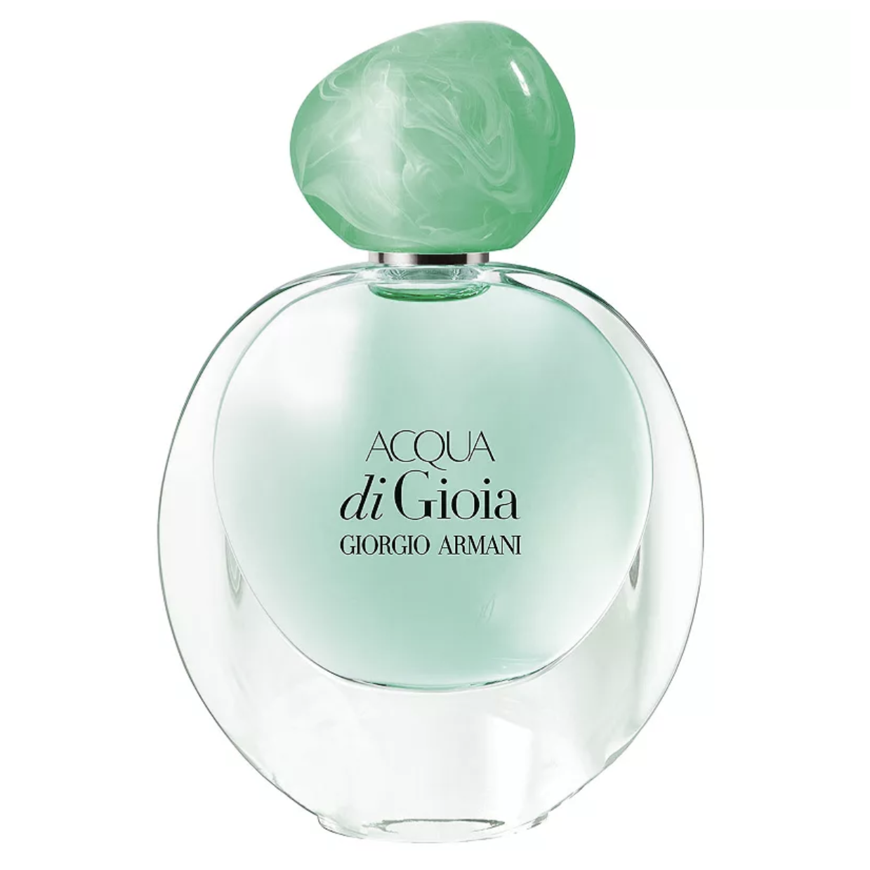 Giorgio Armani Acqua di Gioia perfume bottle with a green, marbled cap and clear glass, showcasing a light green liquid inside.