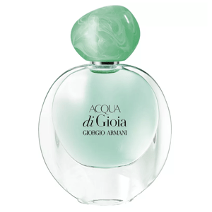Giorgio Armani Acqua di Gioia perfume bottle with a green, marbled cap and clear glass, showcasing a light green liquid inside.