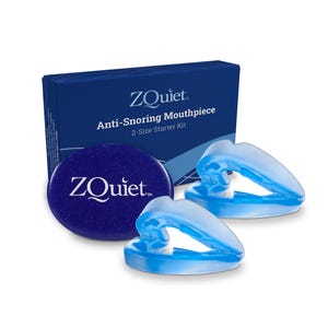 ZQuiet Anti-Snoring Mouthpiece 2-Size Starter Kit includes two blue mouthpieces designed to reduce snoring, with a storage case, all packaged in a blue box.
