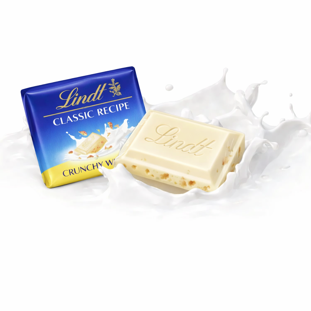 Lindt Classic Recipe Crunchy White Chocolate, featuring a white chocolate bar with crunchy bits, is shown against a splash of milk.