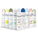 Various Dove deodorant spray cans in different scents, including beauty finish, go fresh, natural touch, sensitive, invisible dry, original, cotton soft, and other variants, all lined up in a row.
