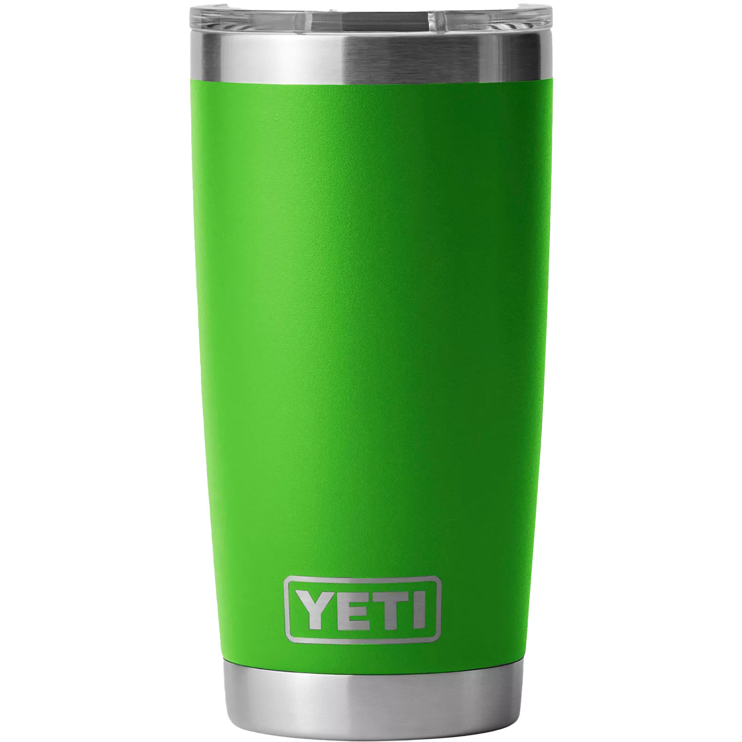 A green Yeti 20oz Rambler with a stainless steel bottom and clear lid. The brand logo is visible at the base.