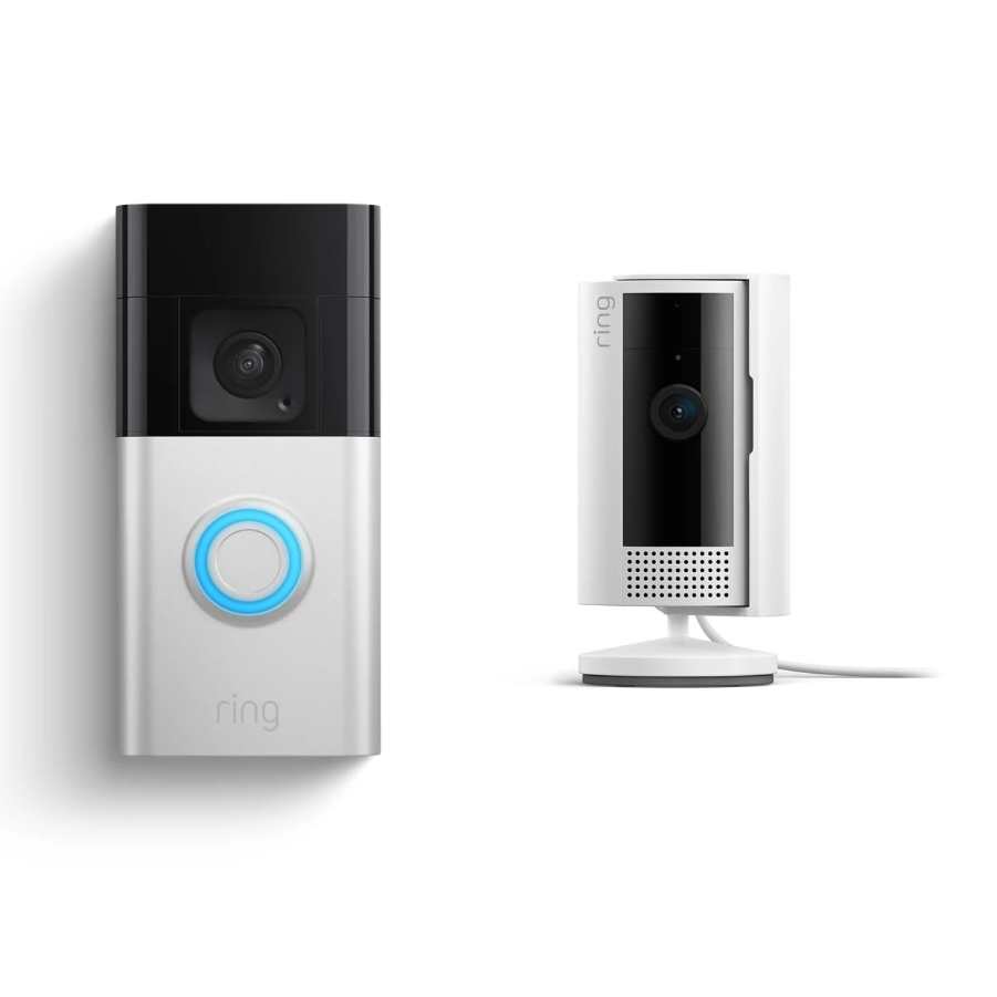Two Ring devices are shown: a video doorbell with a camera and illuminated button on the left, and a compact indoor security camera with a white stand on the right.