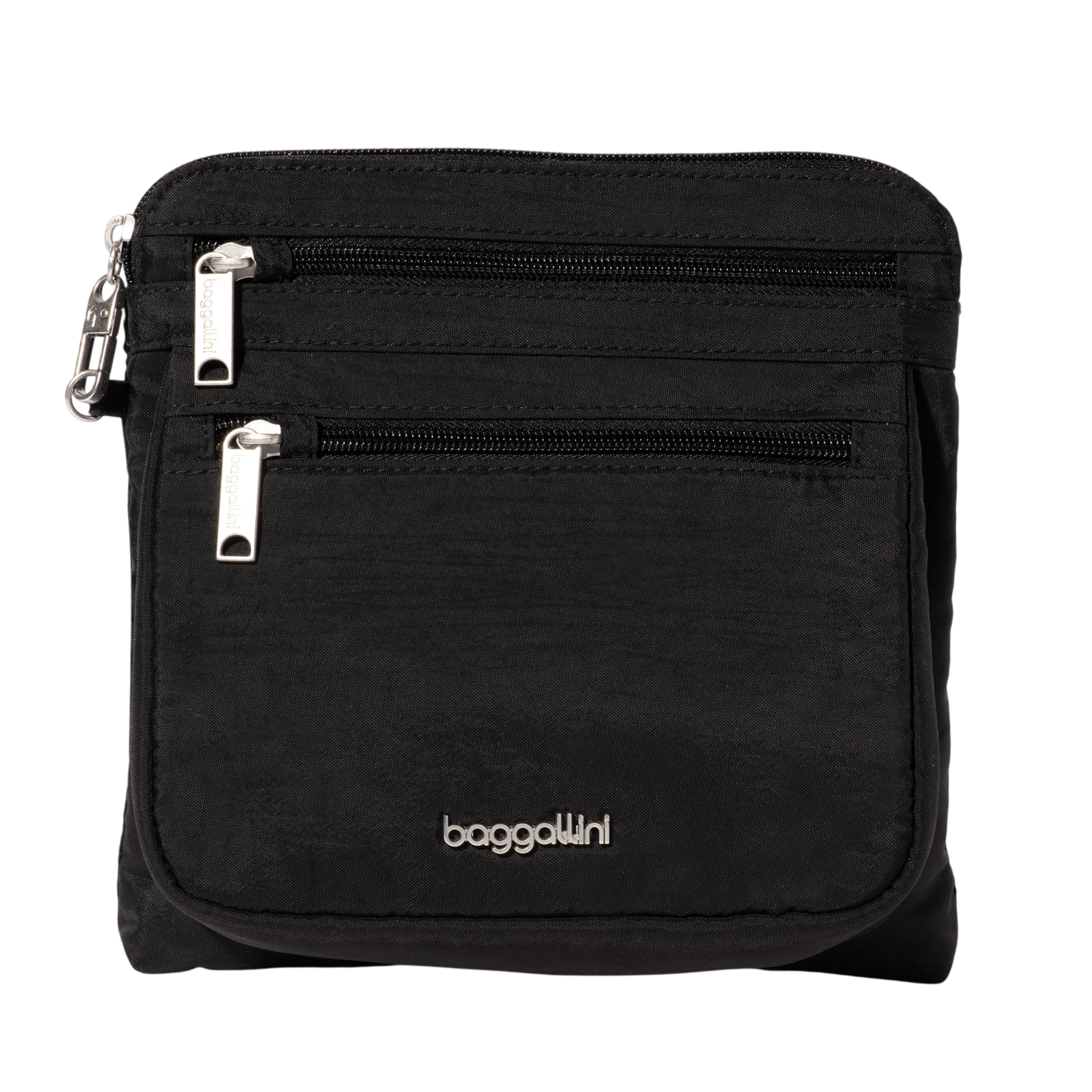 A black Baggallini crossbody bag with two zippered compartments and metallic logo detailing at the front.