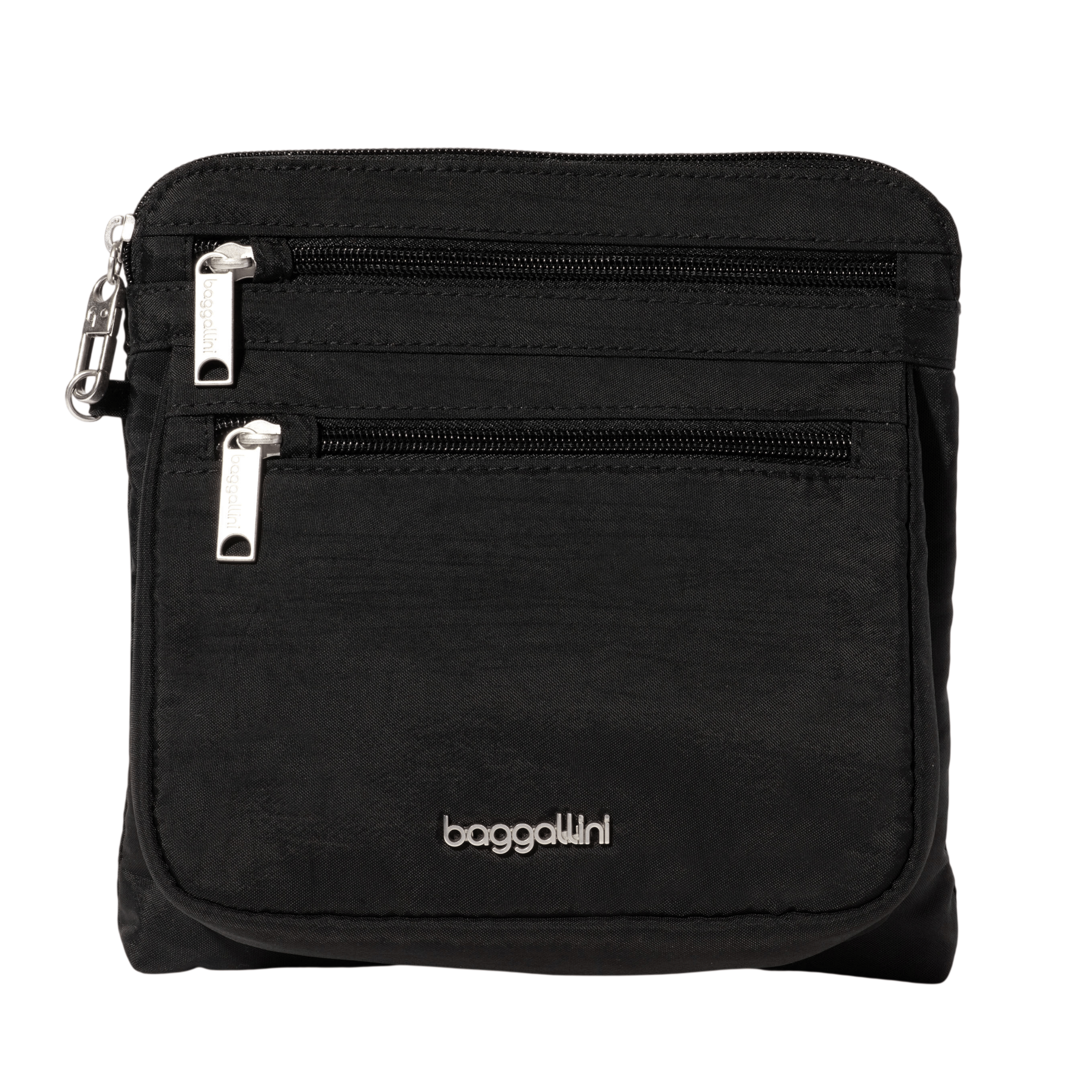 A black Baggallini crossbody bag with two zippered compartments and metallic logo detailing at the front.