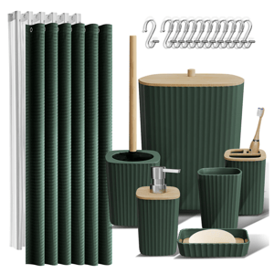 Bathroom set with a dark green ribbed pattern includes a shower curtain, hooks, trash bin, toilet brush, toothbrush holder, soap dispenser, cup, and soap dish.
