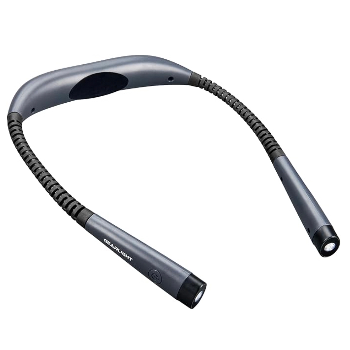 Wearable LED neck reading light with adjustable arms for hands-free illumination.