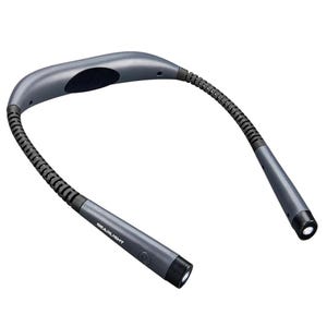 Wearable LED neck reading light with adjustable arms for hands-free illumination.