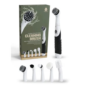 Cordless power scrubber with five interchangeable brush heads for versatile cleaning, shown beside its packaging.