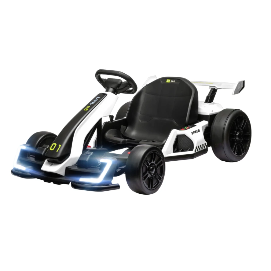 A sleek white go-kart with LED lights, featuring a black seat, steering wheel, and number \“01\“ on its aerodynamic design.