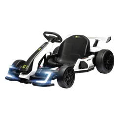 A sleek white go-kart with LED lights, featuring a black seat, steering wheel, and number \“01\“ on its aerodynamic design.