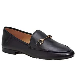 Black leather loafers feature a classic design with gold-tone horse-bit detailing on the top, offering a sophisticated and timeless look.
