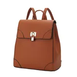 Brown leather backpack with a flap top secured by a gold-tone lock and featuring adjustable straps.