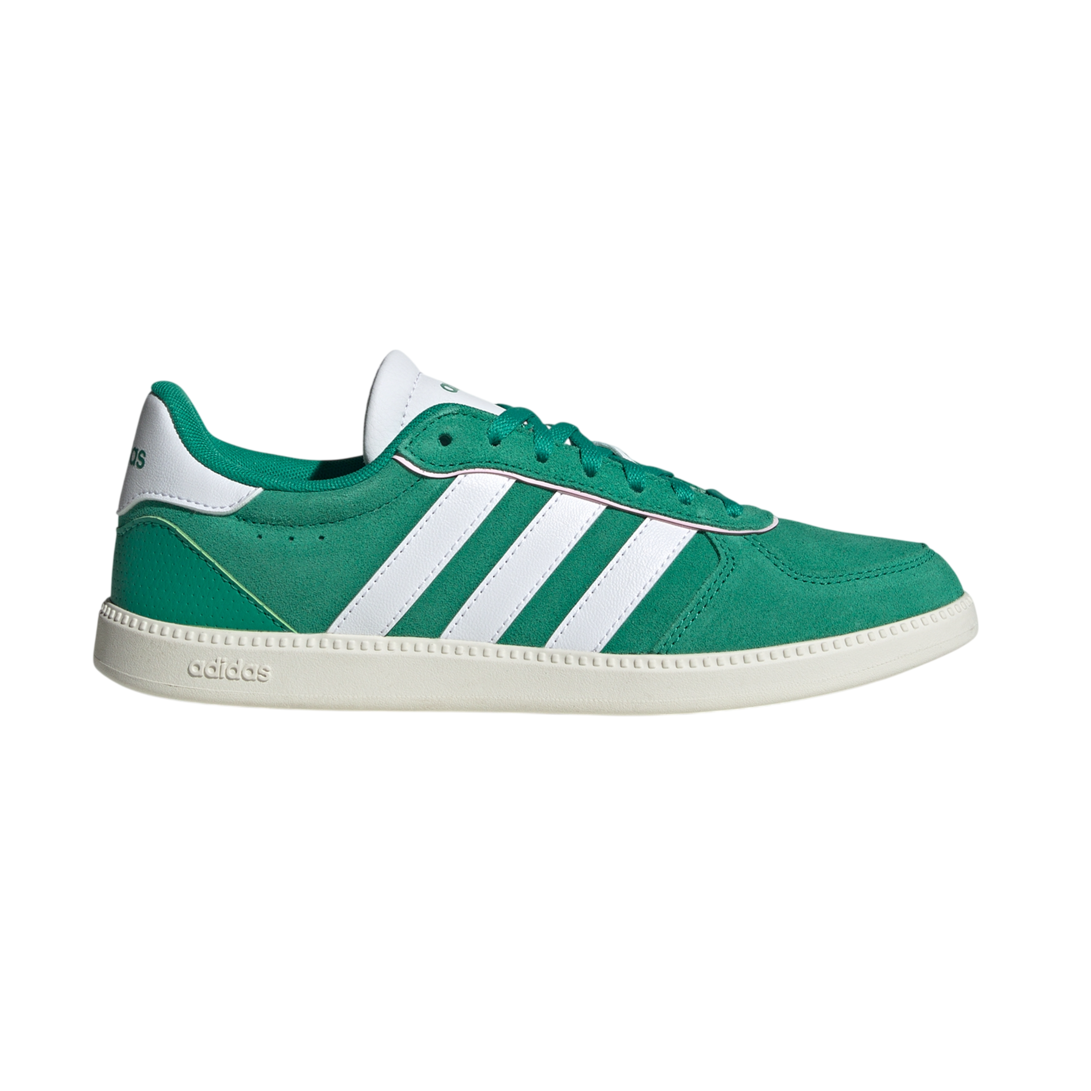 Green Adidas sneakers with white stripes and a white sole.