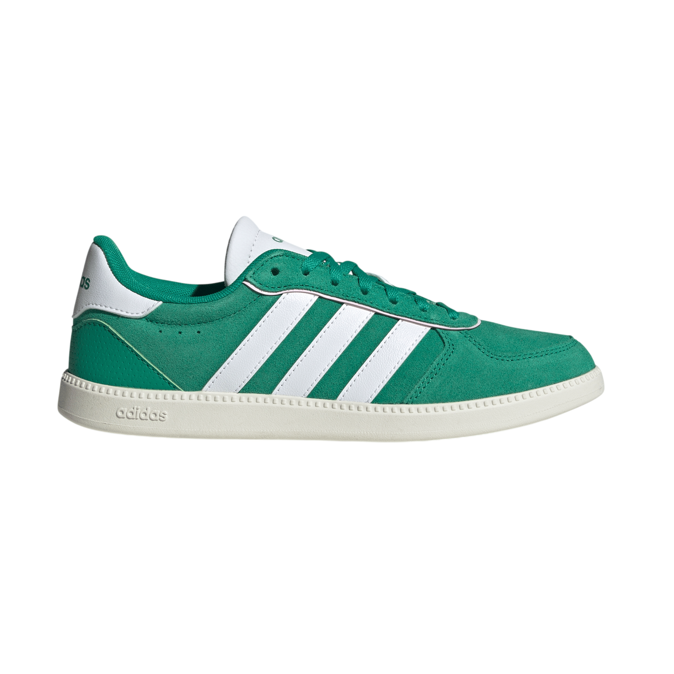 Green Adidas sneakers with white stripes and a white sole.