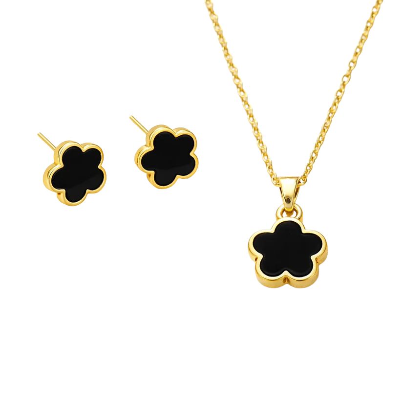 Black and gold clover-shaped jewelry set featuring a necklace and stud earrings.