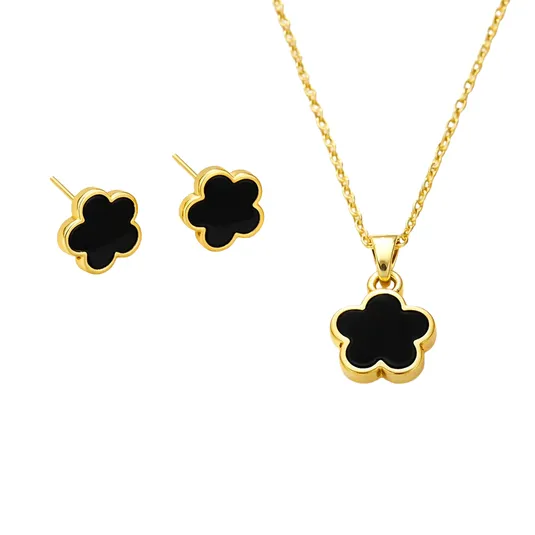 Black and gold clover-shaped jewelry set featuring a necklace and stud earrings.