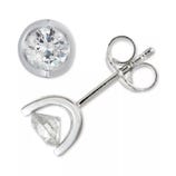 A pair of round stud earrings with a bezel setting featuring a clear gemstone, shown from the front and side, with a post and butterfly clutch back.