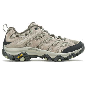 Merrell hiking shoe in beige with black and grey accents, featuring a Vibram sole for traction.