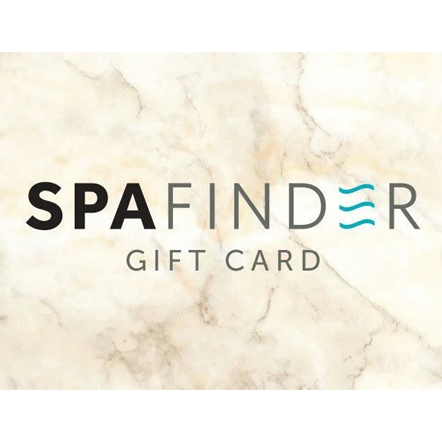 SPA Finder Gift Card on a marble background, featuring black and aqua text.