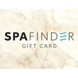 SPA Finder Gift Card on a marble background, featuring black and aqua text.