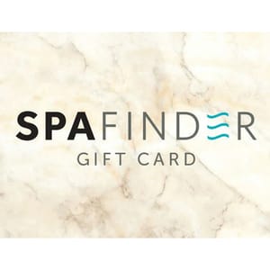 SPA Finder Gift Card on a marble background, featuring black and aqua text.