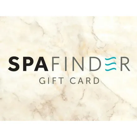 SPA Finder Gift Card on a marble background, featuring black and aqua text.