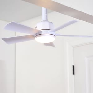 A white ceiling fan with a built-in light fixture mounted on the ceiling. The fan has five blades.