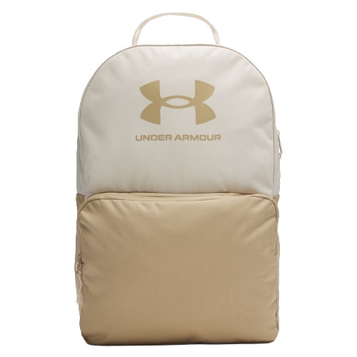 Under Armour backpack in beige and gold with a large front pocket and top handle.