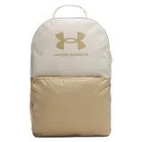 Under Armour backpack in beige and gold with a large front pocket and top handle.